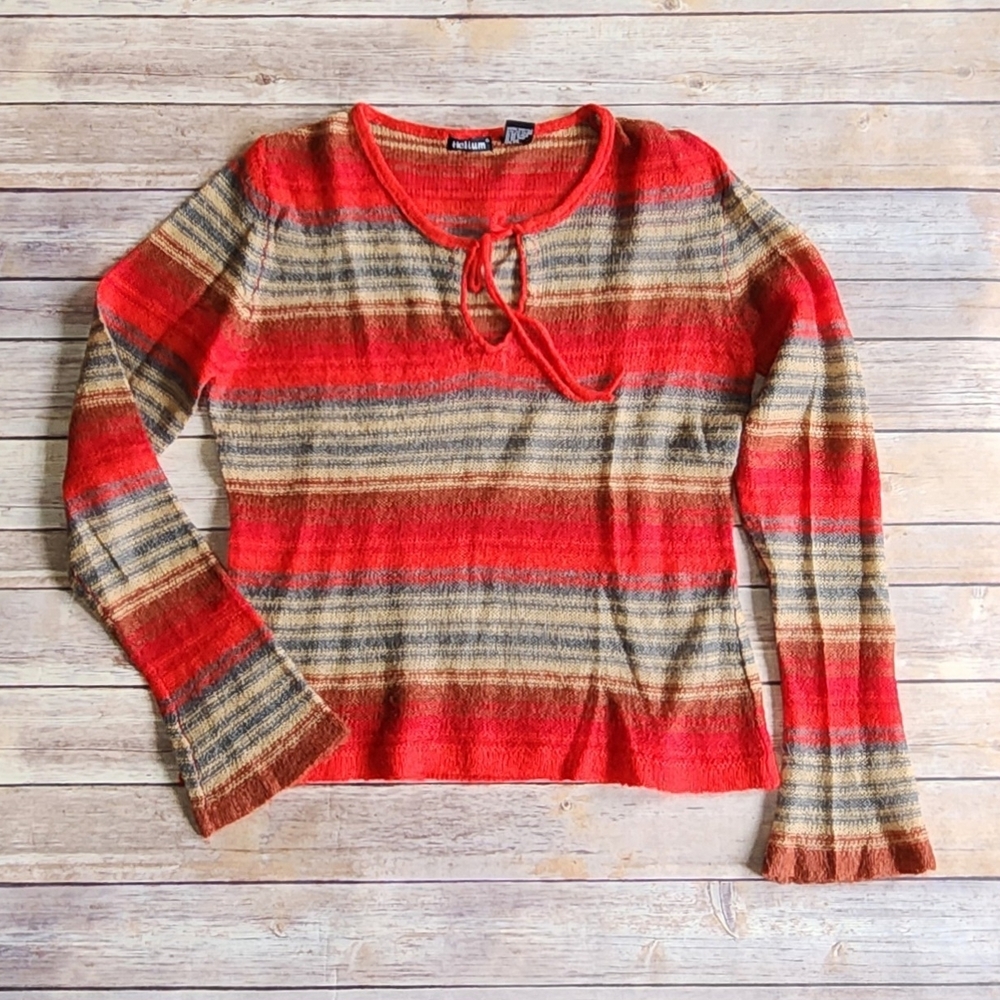 Vintage-Inspired Red Striped Scoop Neck Sweater with Tie